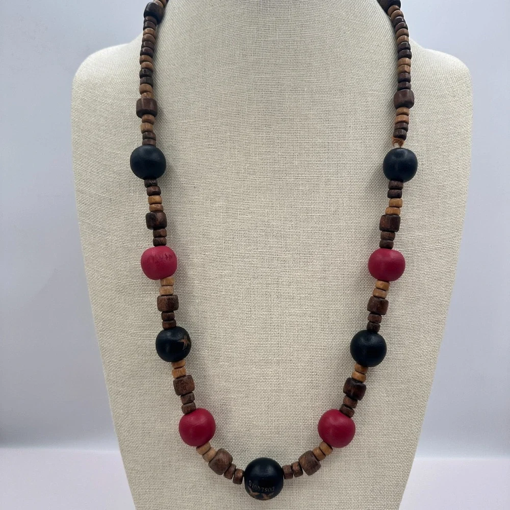 Vintage 90s Dos Equis Wood Bead Necklace Boho Tribal Women's Jewelry